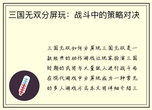 三国无双分屏玩：战斗中的策略对决