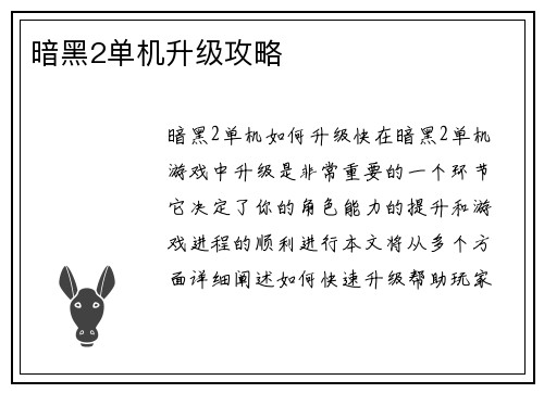 暗黑2单机升级攻略