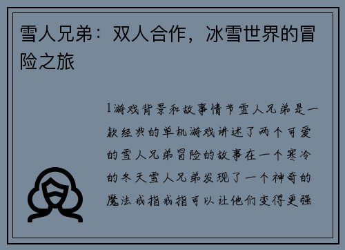 雪人兄弟：双人合作，冰雪世界的冒险之旅