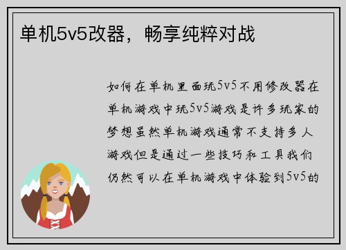 单机5v5改器，畅享纯粹对战